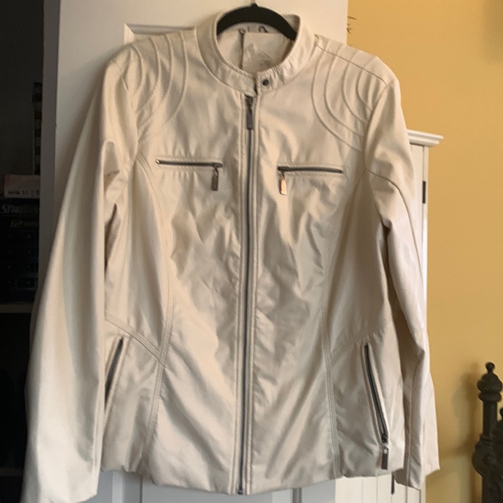 Vegan leather cream colored motorcycle jacket